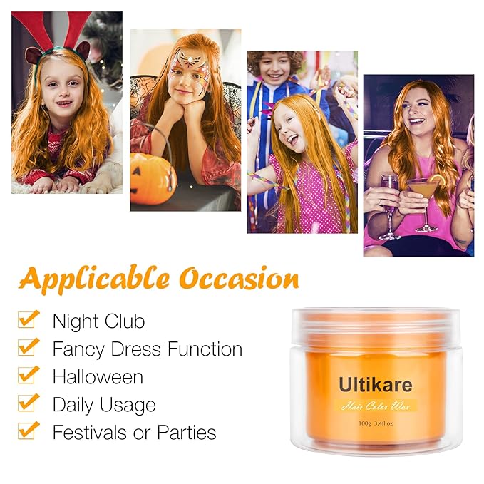 Temporary Hair Color for Kids, Ultikare Orange Hair Dye Washable Natural Hair Wax Color Chalk Mud Cream DIY Hairstyle Clay For Dark Hair Halloween, Cosplay, Party, Christmas Gift Girls 3.4 Fl Oz