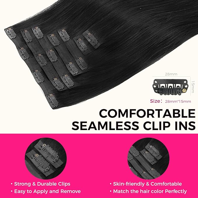 Lashey Seamless Clip in Hair Extensions Real Human Hair, 7pcs 110g Straight Remy Human Hair Extensions 14 Inch #1 Jet Black Natural Thick Clip in Hair Extensions for Black Women