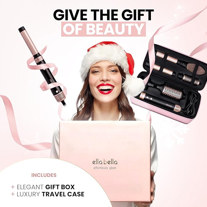 ELLA BELLA® 6 in 1 Professional Hot Air Styler Dual Voltage • Powerful Hair Dryer & Straightener Set • Styling Without Heat Damage • Fast Drying Curling Volumizing Straightening • with Travel Case