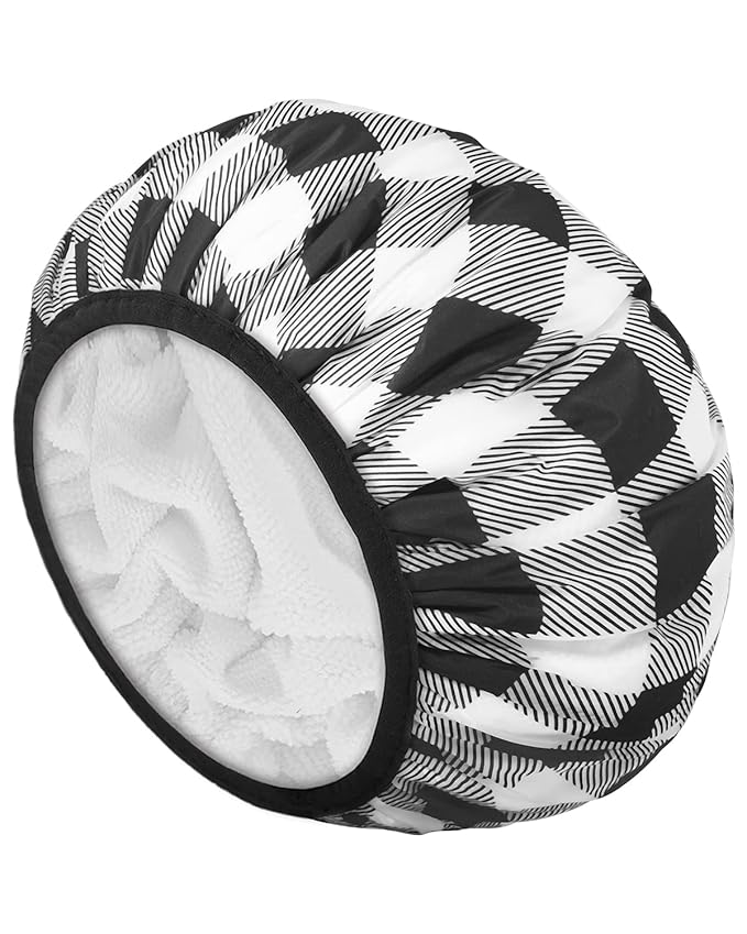 Auban Shower Cap, Shower Cap for Women Terry Cloth Lined EVA Exterior Reusable Double Layer Waterproof, Large Bath Hair Cap, Hotel Travel Essentials Accessories Cleaning Supplies (Checked)