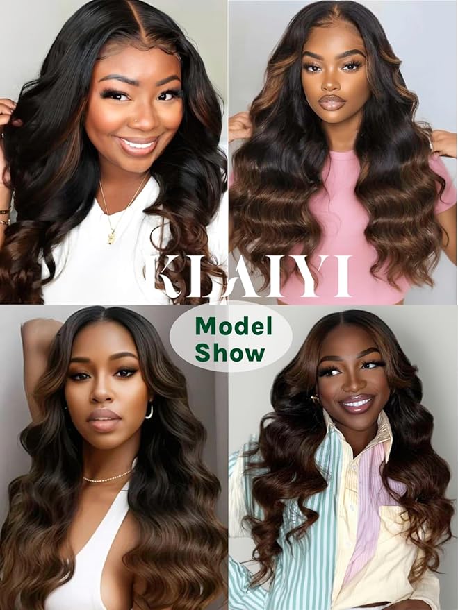 KLAIYI Ombre Brown Body Wave Bye Bye Knots Glueless Wig Pre Cut Lace Front Wigs Human Hair Chestnut Brown Loose Wave Pre Bleached Pre Plucked Wear and Go Wig with Dark Roots 30S Ready to Go Wig 24Inch