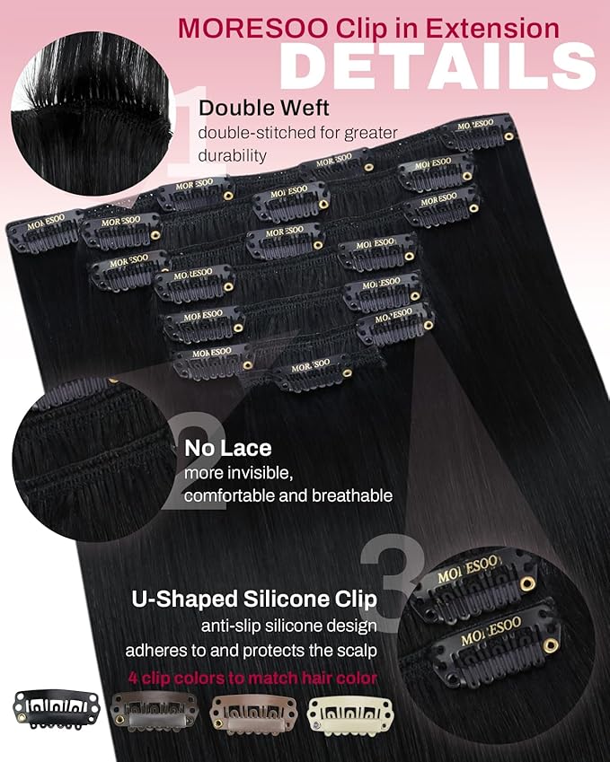 Moresoo Jet Black Clip in Hair Extensions Human Hair Black Hair Extensions Clip in Straight Remy Human Hair Double Weft 120g 22 Inch