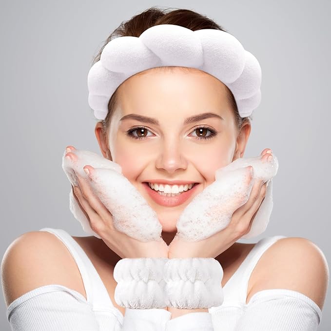 Zkptops Spa Headband for Washing Face Wristband Sponge Makeup Skincare Headband Bubble Soft Terry Cloth Hairband Christmas Birthday Gift for Women Girls Fashion Puffy Non Slip Thick Headwear (White)