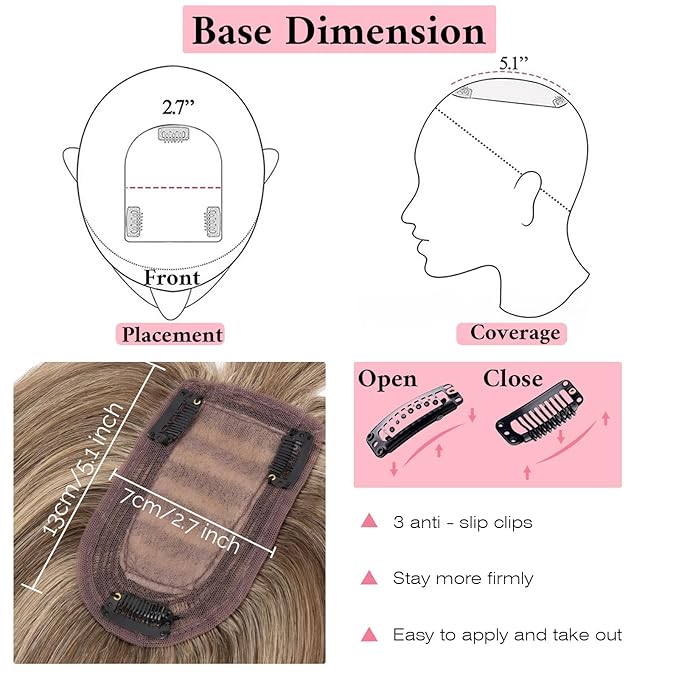 SEGO 100% Real Human Hair Toppers, with Air Bangs, Silk Base 150% Density, Clip in Topper, 2.7”x5.1”, HairPieces for Women, with Thinning/Hair Loss Cover Gray