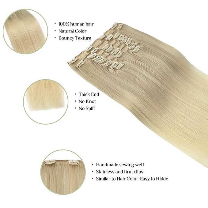 DOORES Hair Extensions Clip in Human Hair, 10pcs 155g 14 Inch Balayage Ash Blonde to Golden Blonde and Platinum Blonde Remy Clip in Human Hair Extensions Natural Straight Hair Extensions