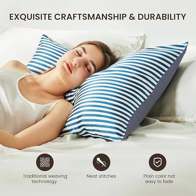 THXSILK Mulberry Silk Pillowcase for Hair and Skin Health, Grade 6A+ Mulberry Silk Pillowcase with Hidden Zipper, Soft and Breathable, 1pc (Standard 20"x26", Blue White Stripes)