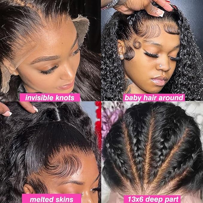 36 Inch Deep Wave Lace Front Wigs Human Hair Pre Plucked 200% Density 13x6 HD Lace Frontal Wigs with Baby Hair Deep Curly Wet and Wavy Glueless Wigs for Women (Natural Black, 36 Inch)