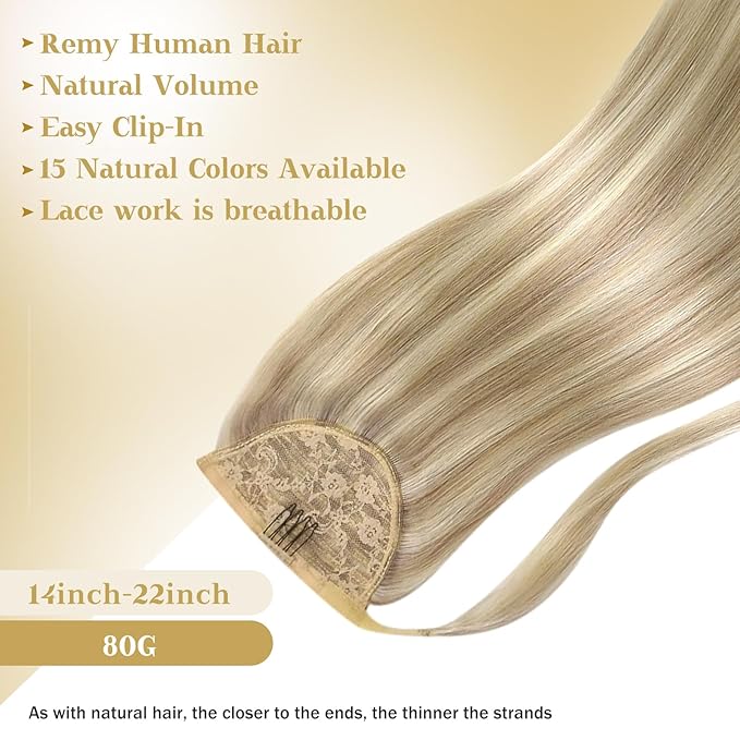 Ve Sunny Hair Extensions Ponytail Real Human Hair Wrap Around Clip in Ponytail Hair Extensions Straight Extensions Human Hair for Women Dark Golden Blonde Highlights 18inch 80G