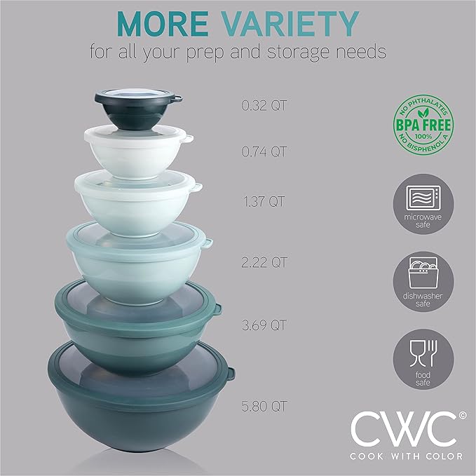COOK WITH COLOR Mixing Bowls with TPR Lids - 12 Piece Plastic Nesting Bowls Set includes 6 Prep Bowls and 6 Lids, Microwave Safe Mixing Bowl Set (Teal)