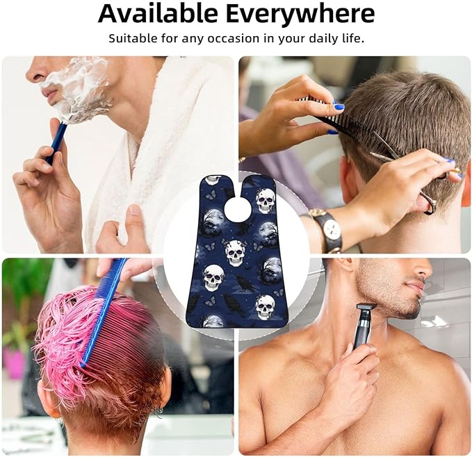 Adjustable Beard Bib, Non-Stick Hair Catcher Cape for Men's Shaving, Waterproof with 2 Suction Cups, Halloween Full Moon Raven Goth Skulls Shave Bib