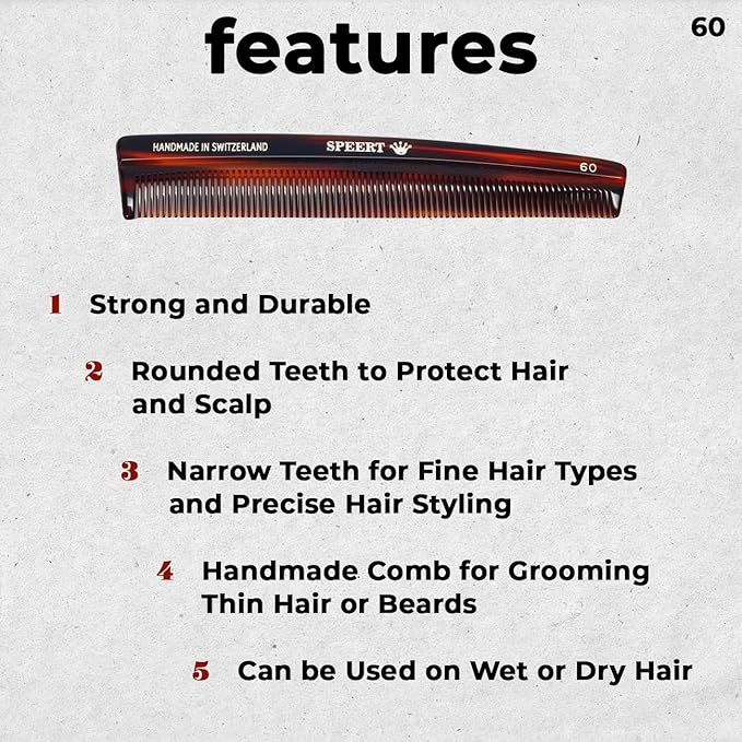 #60 Handmade Narrow Tooth Comb Tortoise Havana Acetate Fine Straight Thin Detangling Parting Grooming Teasing Hair Styling Hairdresser Barber Hairdressing Wet Dry Pocket Travel Women Men Kids