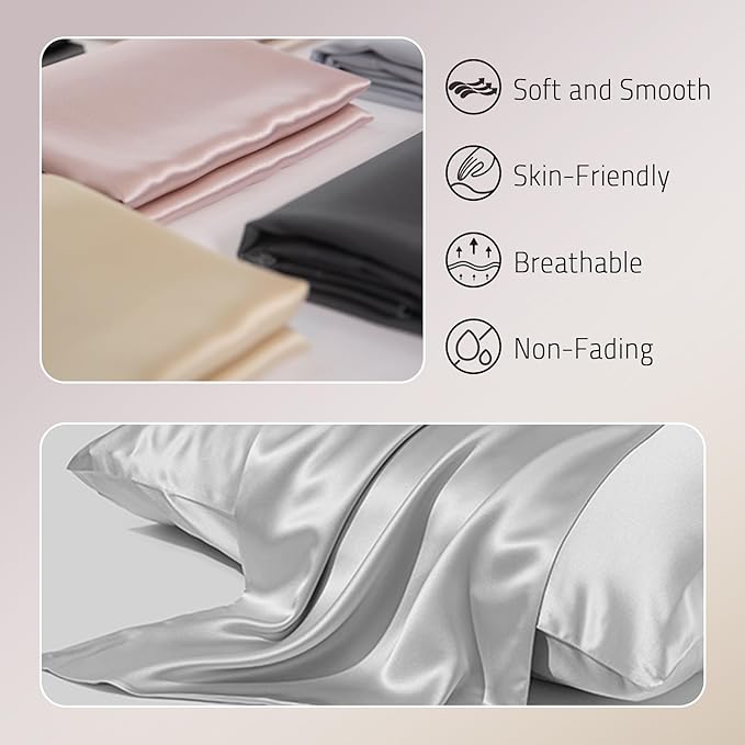 Mulberry Silk Pillowcase for Hair and Skin Prevent Acne Pillow Cases Both Sides Real Silk Pillowcases Organic Silk Pillowcase with Hidden Zipper, Silver Grey, King (20"×36")