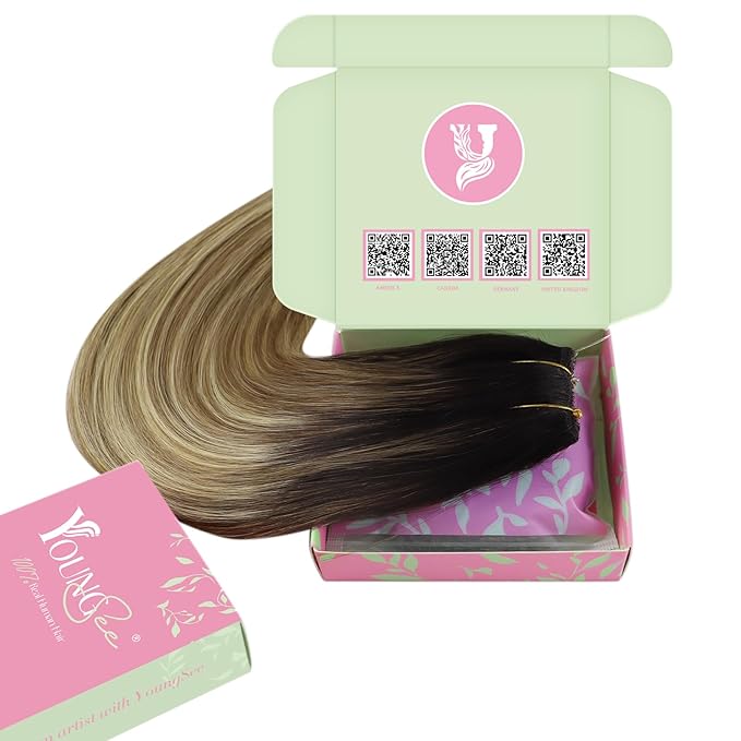 YoungSee Invisible Wire Hair Extensions Balayage Brown to Blonde Human Hair Extensions Wire Dark Roots to Medium Brown with Warm Blonde Highlights Fish Line Extension Hair for Women 20In 100G