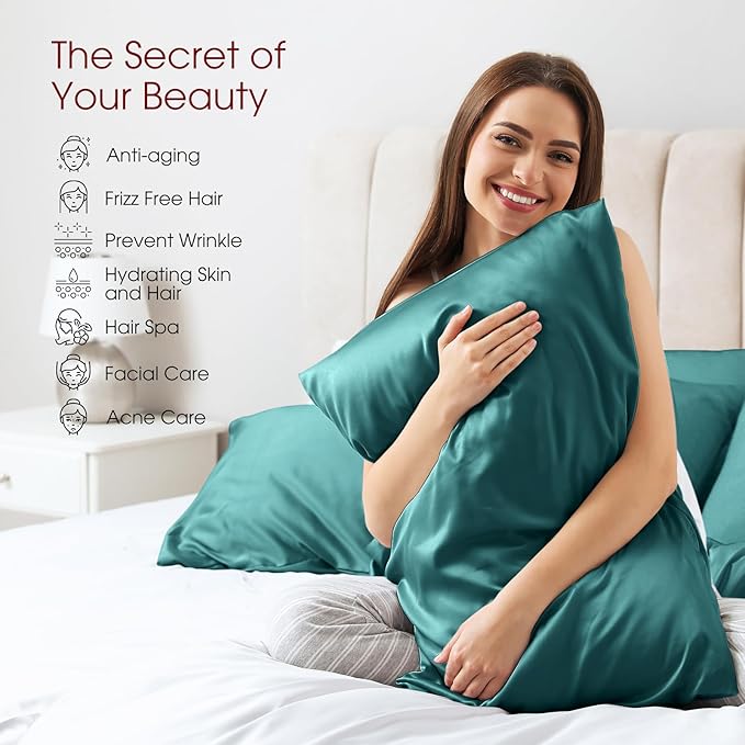 100% Silk Pillow Cases 2 Pack King Size Mulberry Silk Pillowcase for Hair and Skin Set of 2 Highest Grade 6A Silk Soft Breathable Silk Pillow Cases with Hidden Zipper, Teal