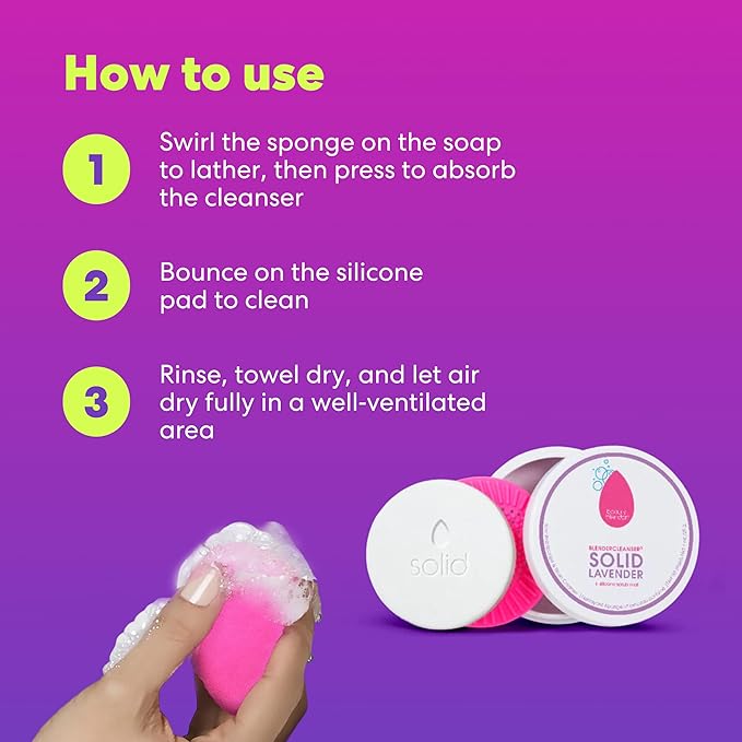 Beautyblender Blendercleanser Tool Scrub Solid Cleanser – Lavender Makeup Sponge & Brush Cleansing Bar – Hand, Sponge, and Brush Cleanser, Removes Makeup & Buildup, Travel-Friendly, 1 oz