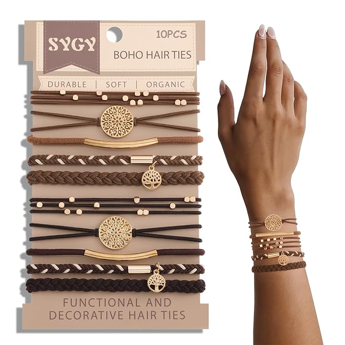 SYGY 10 PCS Boho Hair Ties, Bracelets for Thick & Thin Hair, 5 Styles No Damage, Dark Coffee Colors