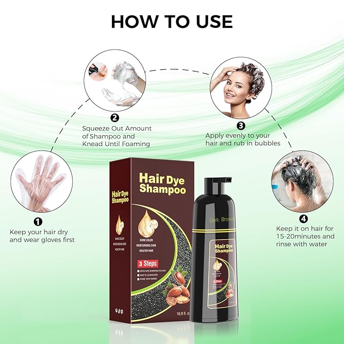 Dark Brown Hair Dye Shampoo for Woman & Man, Argan Hair Color Shampoo 3 in 1, Semi-Permanent Gray Hair Coverage, Mild Formula, Lasts 30 Days(16.90 oz)