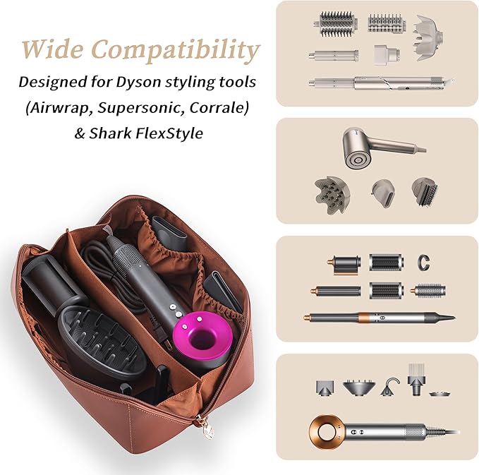 Travel Case Compatible with Dyson Airwrap Styler, Portable Supersonic Hair Dryer Travel Storage Bag, Waterproof Carrying Case Organizer for Shark Flexstyle and Attachments (Brown)