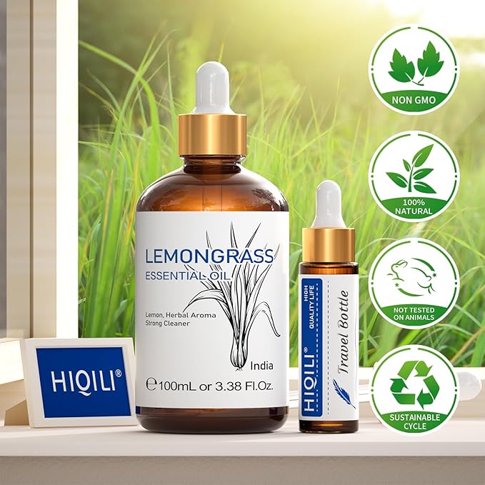 HIQILI Lemongrass Essential Oil, 100% Pure Natural Undiluted Premium Oils - 3.38 Fl. Oz