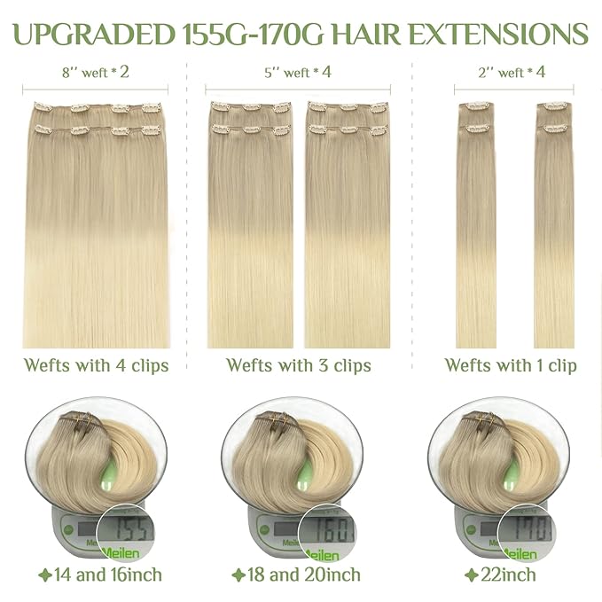 DOORES Hair Extensions Clip in Human Hair, 10pcs 155g 14 Inch Balayage Ash Blonde to Golden Blonde and Platinum Blonde Remy Clip in Human Hair Extensions Natural Straight Hair Extensions