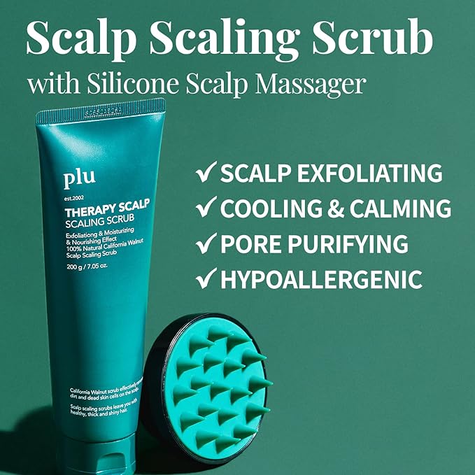 PLU Korean Therapy Scalp Scaling Scrub with Silicone Scalp Massager Brush - Walnut Scalp Scrubber Gel for Oily Scalp and Dandruff - Scalp Exfoliating & Deep Cleansing Combo Set