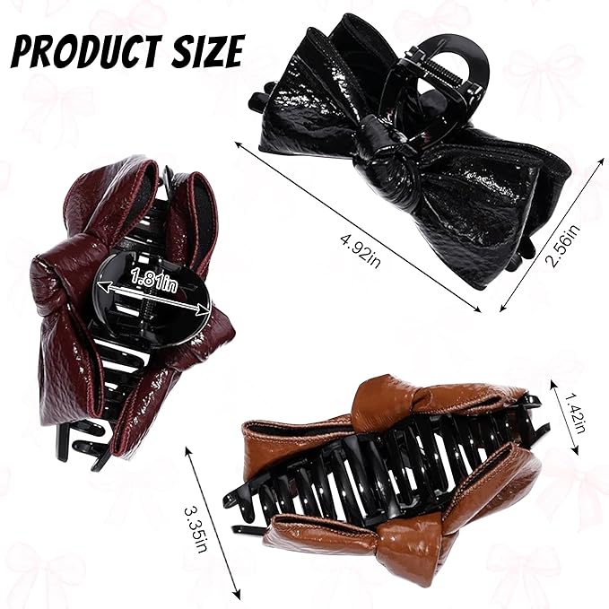 3Pcs Patent Leather Hair Claw Clips Set, Bowknot Hair Jaw Clamps in Brown-Black-Burgundy, Non-Slip Strong Hold Hair Accessories for Thin/Medium/Thick, Stylish Hair Grips for Women and Girls