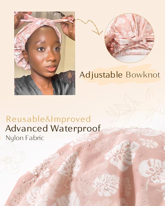 Yanibest Shower Cap for Women Reusable Waterproof, Adjustable Non-Slip Shower Hair Cap, Washable Bath Hat for Long Hair