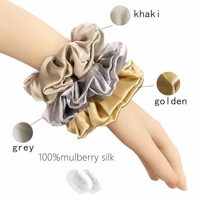 Suncdelv Silk,100% Silk Scrunchies for Hair,22 Momme Hair Ties for Anti-Crease & Breakage,Natural Women Hair Accessories，Fashion Hairbands 3PCS（Grey, gold, khaki））)