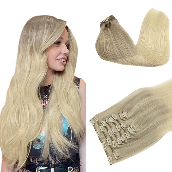 DOORES Hair Extensions Clip in Human Hair, 10pcs 155g 14 Inch Balayage Ash Blonde to Golden Blonde and Platinum Blonde Remy Clip in Human Hair Extensions Natural Straight Hair Extensions