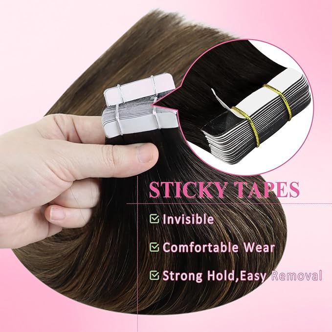YoungSee Tape in Hair Extensions Real Human Hair Brown Balayage Tape in Hair Extensions Ombre Dark Brown Roots to Brown Tape-in Hair Extension Human Hair 14In for Everyday Wear 20pcs 50g