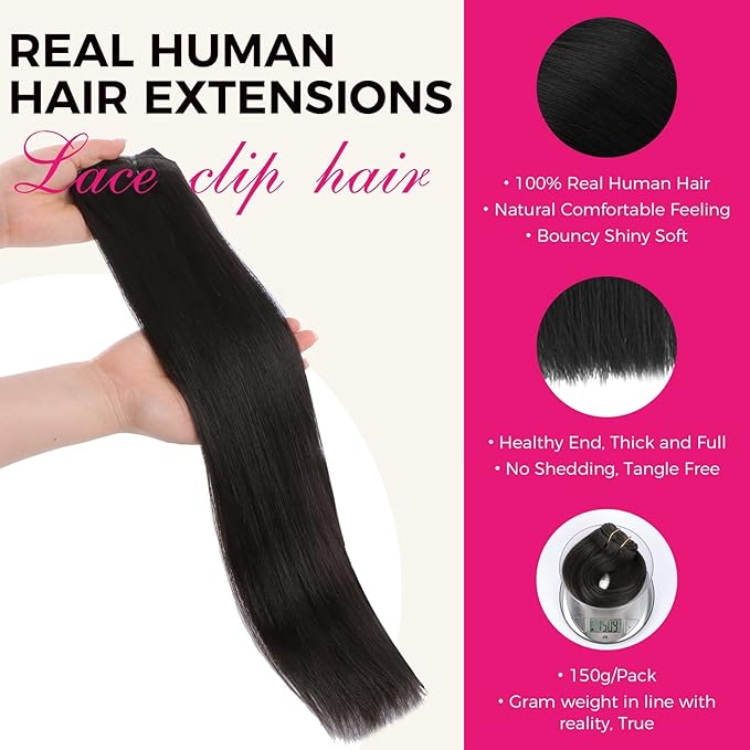 Lashey Clip in Hair Extensions Real Human Hair 9pcs 150g 18 Inch Natual Black Straight Full Pack Remy Hair Clip ins for Women