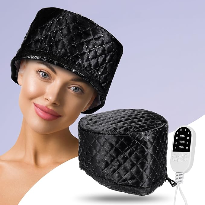 Electric Hair Steamer Cap, Hair Care Hat Heating Cap with 10 Gears Temperature and Timer Control, Thermal Heat Cap for Black Hair Thermal (Black)