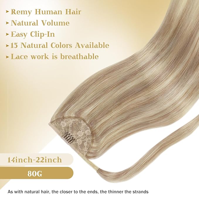 Ve Sunny Hair Extensions Ponytail Real Human Hair Wrap Around Clip in Ponytail Hair Extensions Straight Extensions Human Hair for Women Blonde Highlights for Women Warm Color 16inch 80G