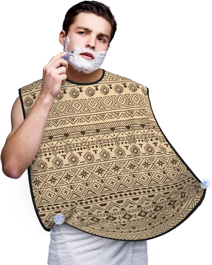 Beard Hair Catcher Bib, Waterproof Non-Stick Grooming Apron for Shaving Trimming, Perfect for Men Dad, Black Mud Beige and Brown Traditional Ethnic African Mudcloth White Abstract Boho Shave Bib