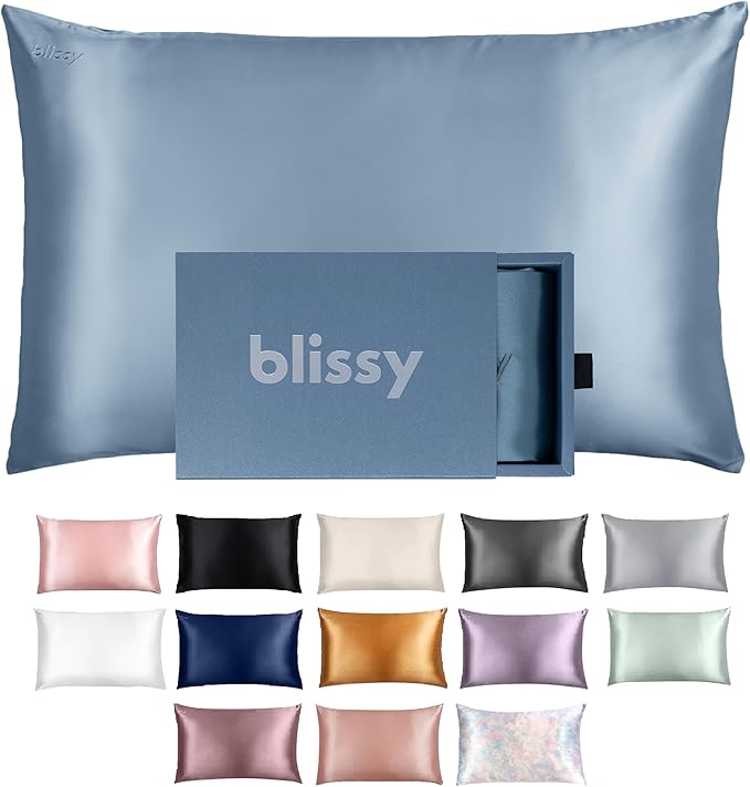 Blissy Silk Pillowcase - 100% Pure Mulberry Silk - 22 Momme 6A High-Grade Fibers - Silk Pillow Cover for Hair & Skin - Regular, Queen & King (Ash Blue, King)