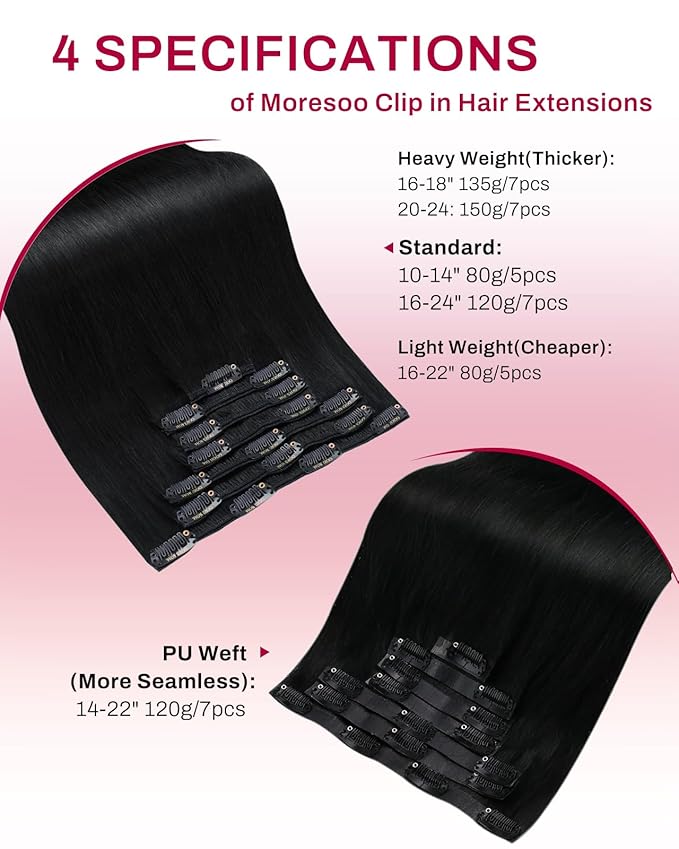 Moresoo Clip in Hair Extensions Remy Double Weft Human Hair Clip in Extensions Straight Hair Extensions for Women Jet Black #1 5pcs 80g 14inch
