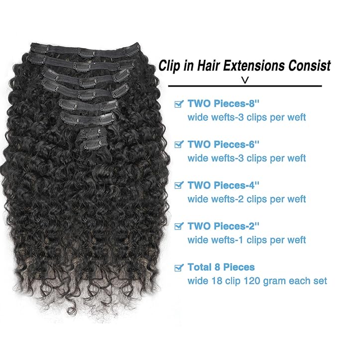 Burmese Curly Clip in Hair Extensions Real Human Hair 8Pcs Brazilian Human Hair Clip ins for Black Women With 18Clips 120g 24inch #1B Natural Black