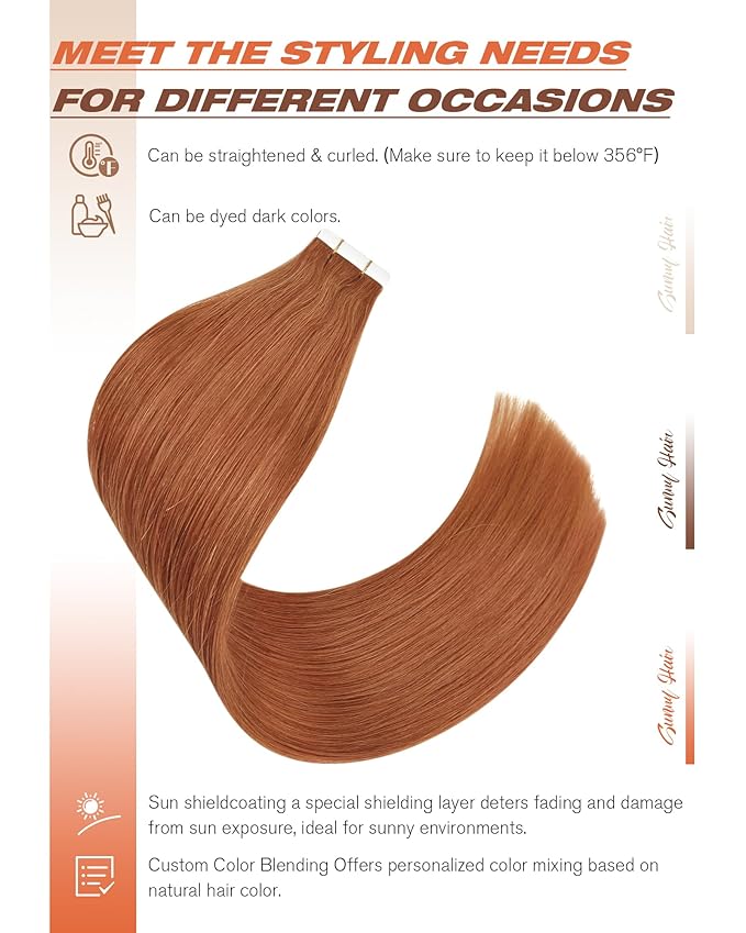 Sunny Hair Tape in Hair Extensions Real Human Hair Invisible Remy Hair Extensions Tape ins for Women Copper Red 12 inch 20Pcs
