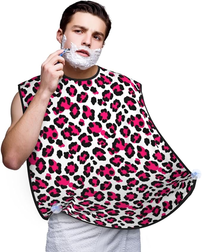 Beard Bib Apron for Men Shaving, Waterproof Non-Stick Hair Catcher with Suction Cups, Grooming Essential for Dad Husband, White Pink Cheetah Leopard Print Shave Bib