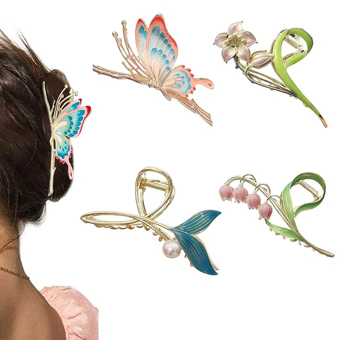 4Pcs Hair Clips for Women Large Non-Slip Strong Metal Hair Claw: Butterfly, Flower, Mermaid Sparkly Jaw Claws for Thick Hair