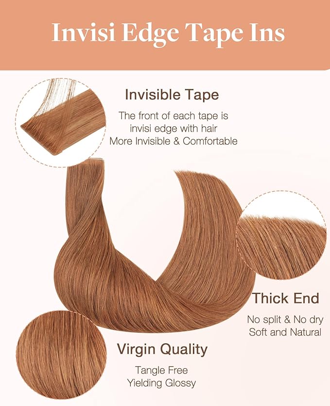 GOO GOO Invisi Edge Tape in Hair Extensions Human Hair, 330 Cinnamon Terra Copper, 20pcs 14inch 50g, Virgin Remy Hair, Seamless Injected Tape, Natural Look