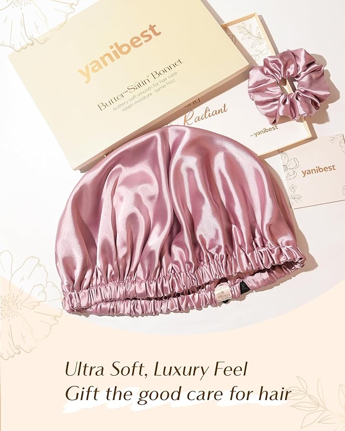 YANIBEST Adjustable Satin Bonnet Double Layer Hair Bonnet for Sleeping Bonnets for Women Hats Curly Natural Hair, Pearl Pink