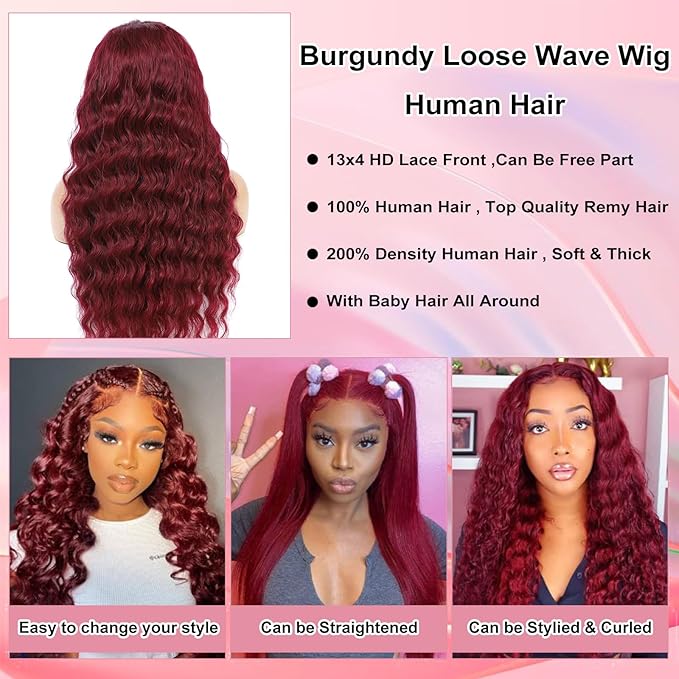 MEIMEI 200 Density Lace Front Wigs Human Hair Loose Wave 99J Burgundy 15A 13x4 Full Large Lace Space Frontal Wig Pre Plucked Burgundy Loose Deep Wave Wigs Human Hair