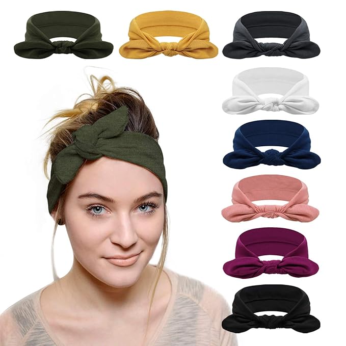 DRESHOW 8 Pack Headbands for Women Bow Knotted Hair Band Facial Cloth Rabbit Ears Running Sport Elastic Hair Wrap