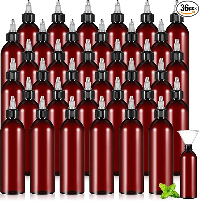 Barydat 36 Pcs 8 oz Squeeze Bottle Twist Top Applicator Bottles Empty Hair Oil Bottle with Funnels Refillable Amber Plastic Bottles for Liquid Hair Oil Shampoo Lotion