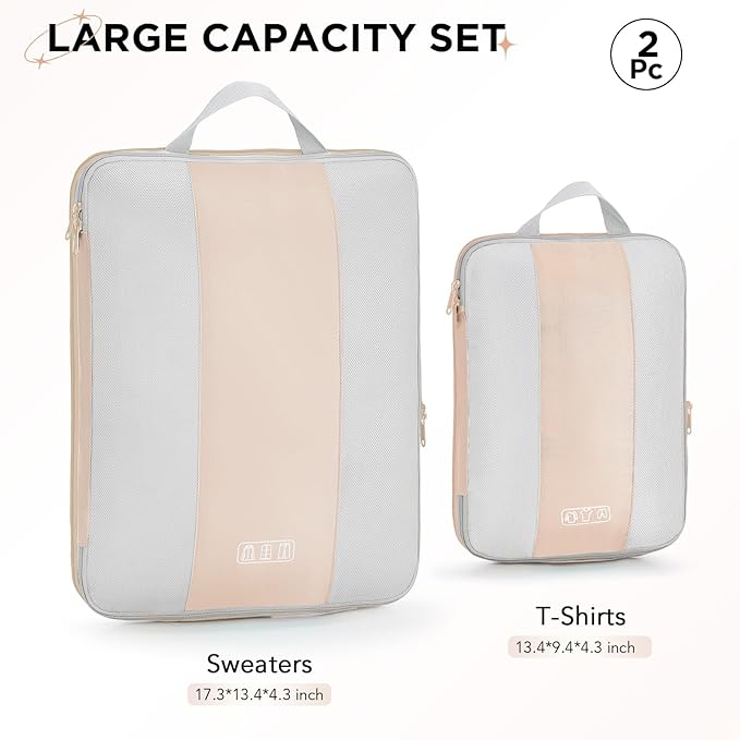 2 Set Compression Packing Cubes for Travel Essentials,Compressible Expandable Packing Cubes for Suitcase,OlarHike Luggage Organizer Bags for Travel,Handy Helper for Organizing Clothes(Beige)