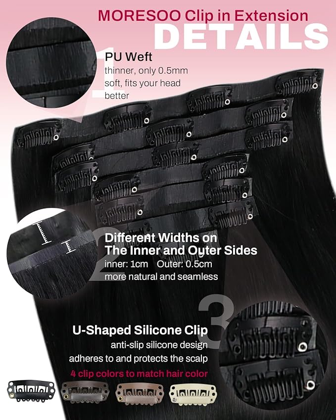 Moresoo Jet Black Seamless Clip in Hair Extensions Human Hair Jet Black Hair Extensions Clip ins Long Pu Weft Invisible for Women Straight And Thick 135g/7pcs 20 inch