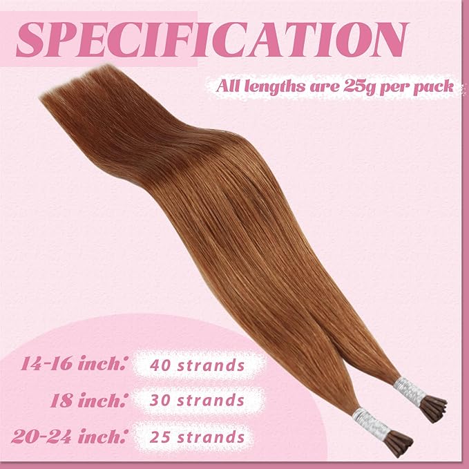 YoungSee I Tips Hair Extensions Copper 16 Inch Itip Hair Extensions Real Human Hair Pumpkin Orange Colored Itips Extension Remy Natural Hair Copper 25g for Cosplay 40 Strands