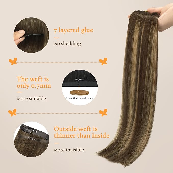 DOORES Seamless Clip in Hair Extensions, Chocolate Brown to Caramel Blonde 130g 7pcs 16 Inch Virgin Straight Human Hair Clip Extensions for Women
