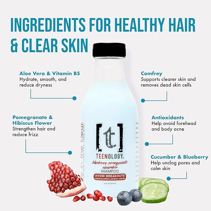 Teenology Teen Shampoo – Avoid Acne Breakouts, Non-Comedogenic, For Dry & Oily Scalps, Sulfate & Paraben Free, Natural Extracts, for Clear Skin & Healthy Hair, 16 oz – (Blueberry Pomegranate Cucumber)